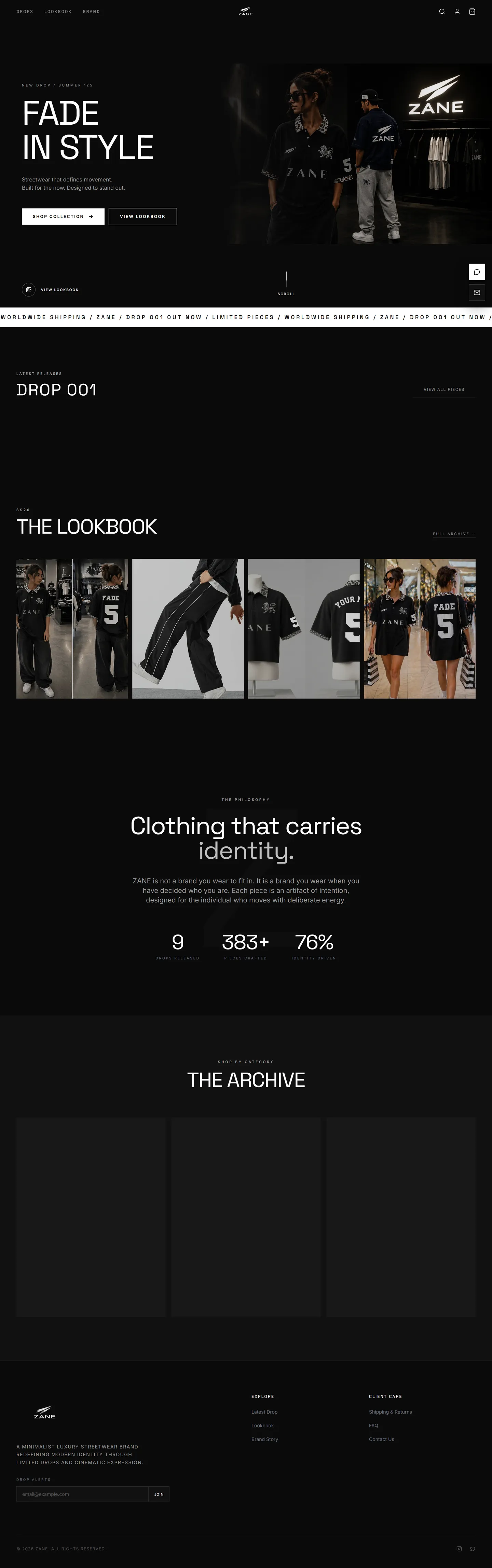Full page capture of the ZANE homepage